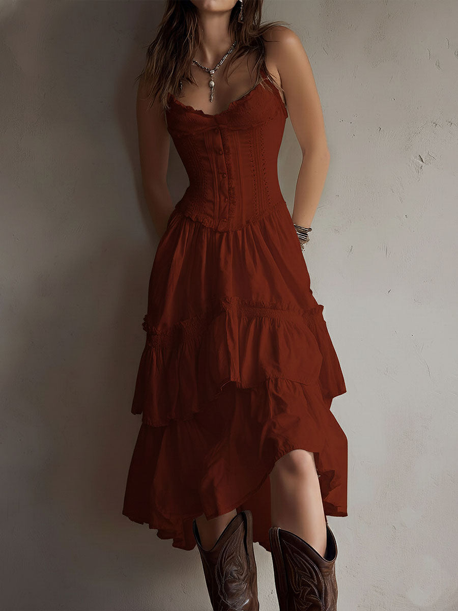 Lea | Bohémské vintage midi šaty s volány a krajkou