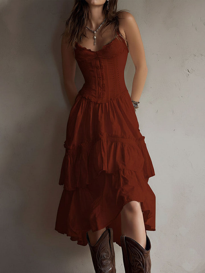 Lea | Bohémské vintage midi šaty s volány a krajkou