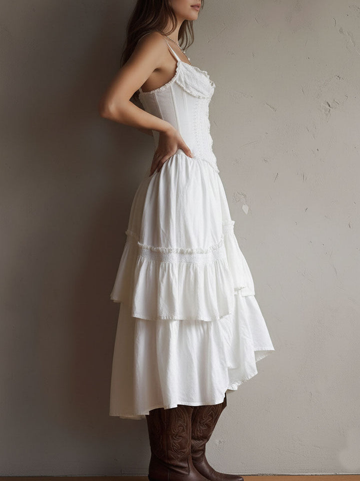 Lea | Bohémské vintage midi šaty s volány a krajkou