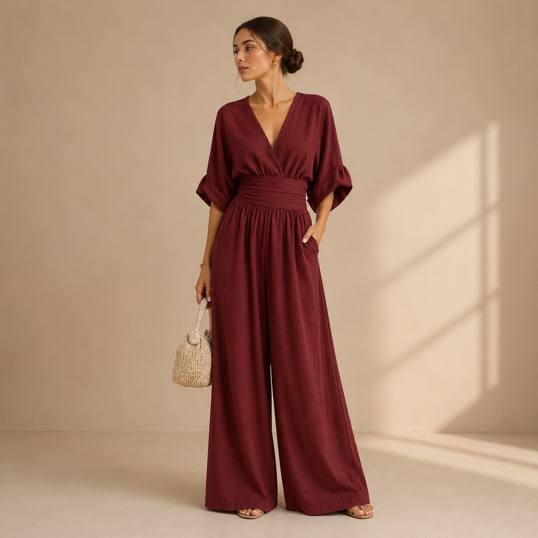 Růžena | Elegantní overal s překládaným výstřihem a širokým páskem