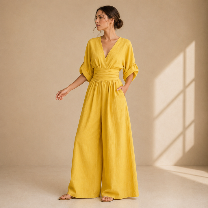 Růžena | Elegantní overal s překládaným výstřihem a širokým páskem