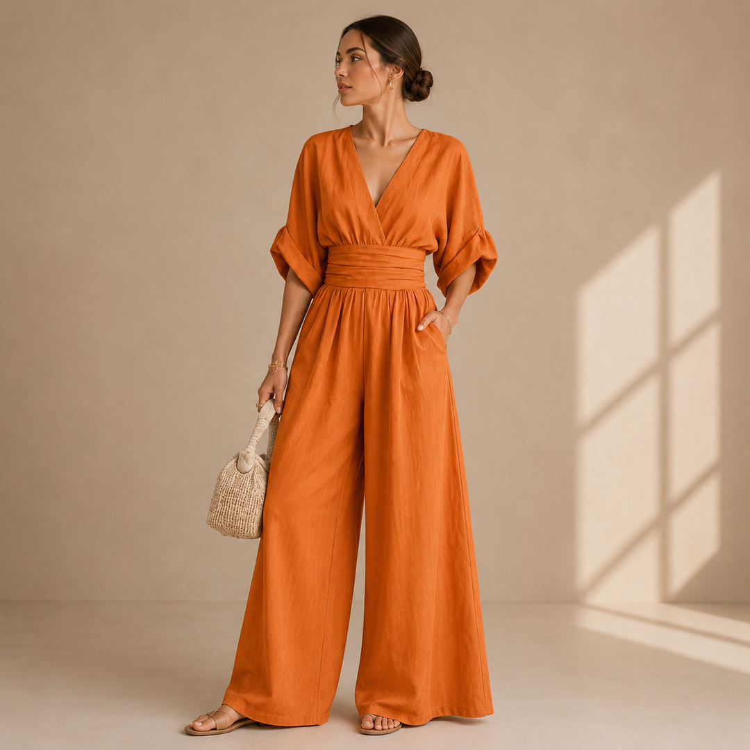 Růžena | Elegantní overal s překládaným výstřihem a širokým páskem