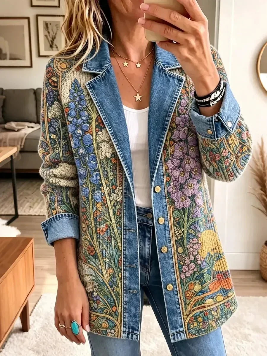 Tatiana | Květinová botanická bunda s límcem v džínovém stylu