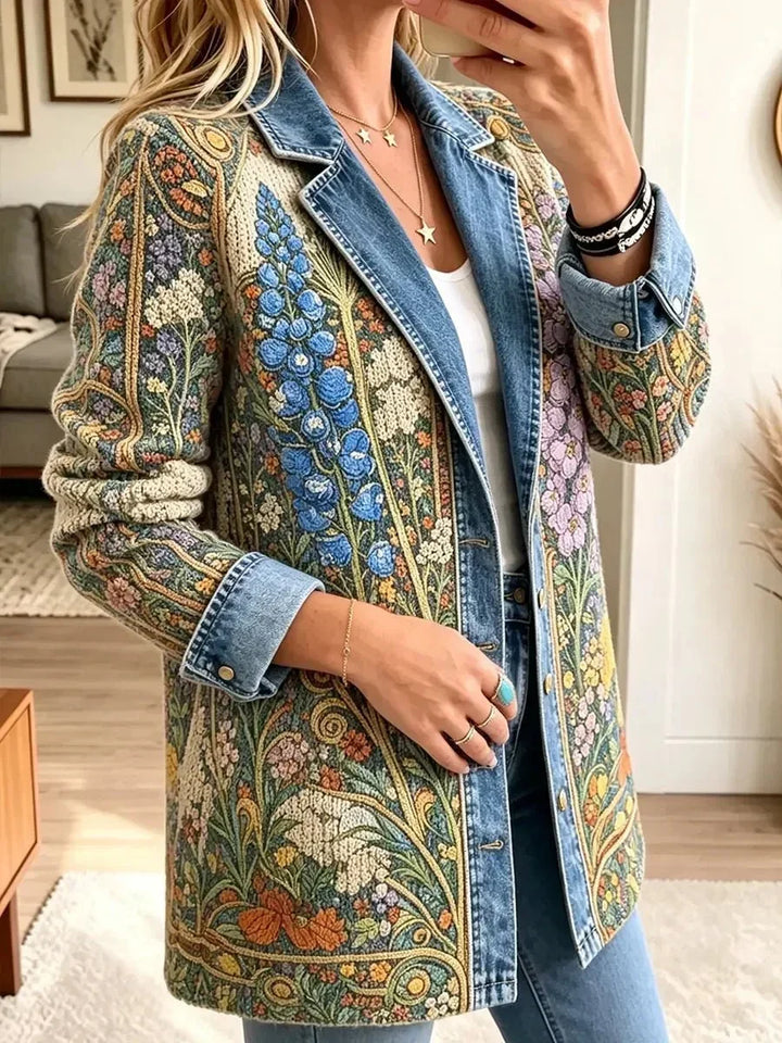 Tatiana | Květinová botanická bunda s límcem v džínovém stylu