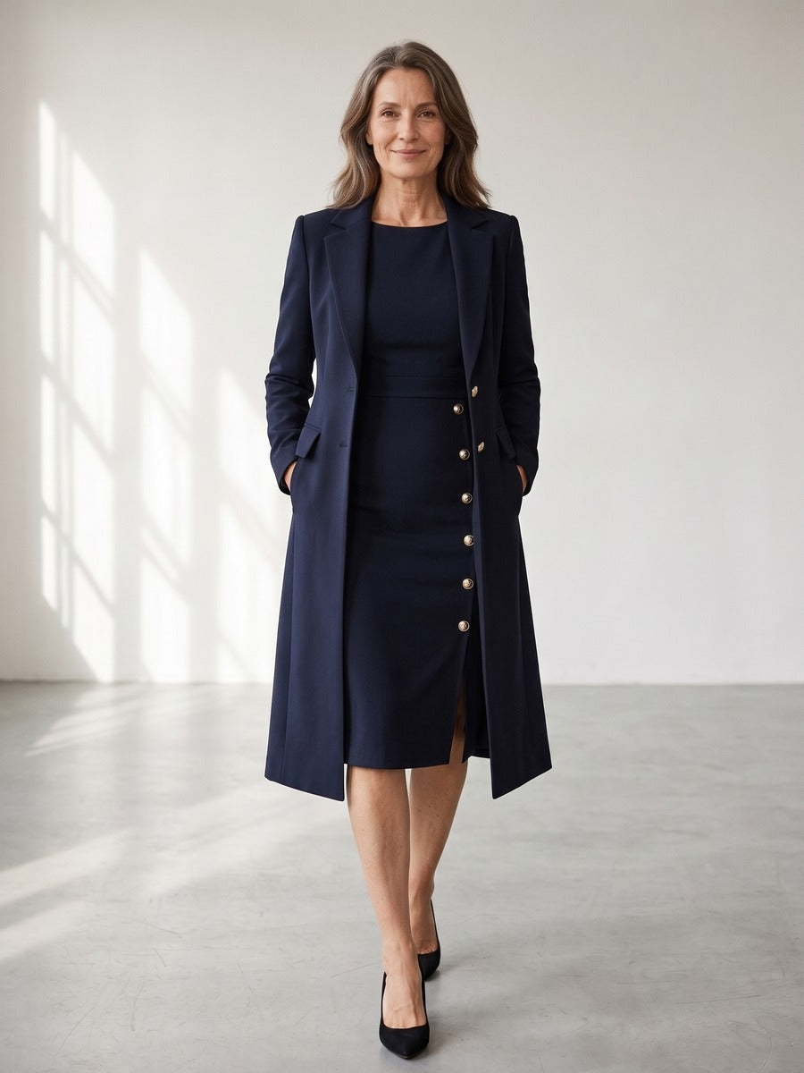 Petra | Souprava s dlouhým sakem a šaty bez rukávů se zlatými knoflíky